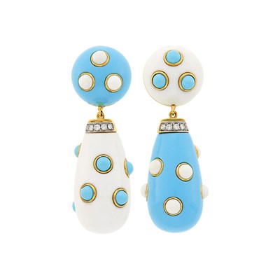 Lot 91 - Pair of Gold, Reconstituted Turquoise and White Agate Pendant-Earrings