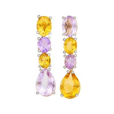 Lot 20 - Pair of Gold, Amethyst, Citrine and Diamond Pendant-Earclips