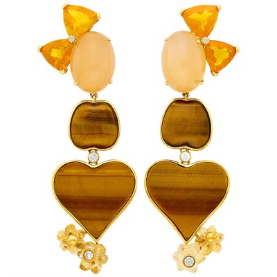 Lot 127 - Pair of Gold, Orange Moonstone, Fire Opal, Tiger's Eye, Carved Citine and Diamond Pendant-Earclips