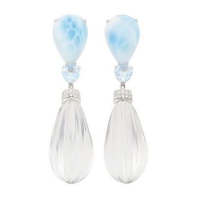 Lot 88 - Pair of Gold, Carved Rock Crystal, Larimar, Blue Topaz and Diamond  Pendant-Earclips