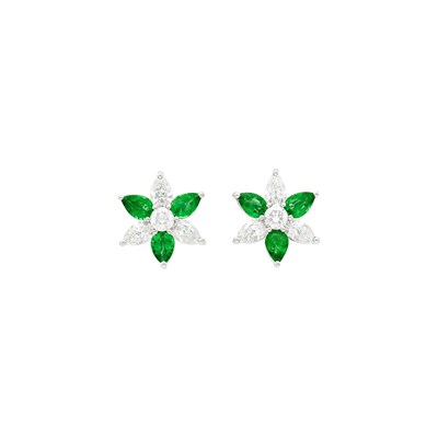 Lot 97 - Pair of Platinum, Diamond and Emerald Flower Earrings