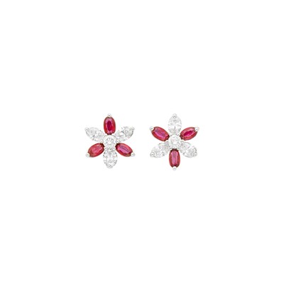 Lot 76 - Pair of Platinum, Diamond and Ruby Earrings