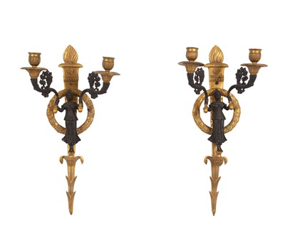 Lot 343 - Pair of French Gilt and Patinated Bronze Two-Light Figural Sconces