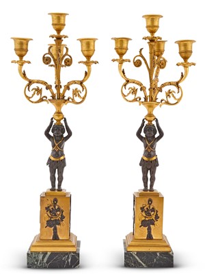 Lot 342 - Pair of French Patinated and Parcel-Gilt Bronze Four Light Candelabra