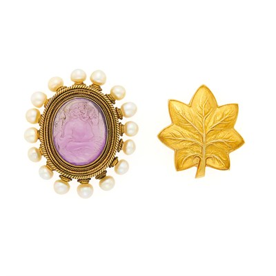 Lot 1094 - Tiffany & Co. Gold Leaf Pin and Gold, Carved Amethyst Cameo and Pearl Brooch