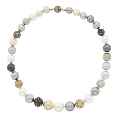 Lot 35 - South Sea, Golden and Tahitian Gray Cultured Pearl, Two-Color Gold, Diamond and Colored Diamond Bead Necklace