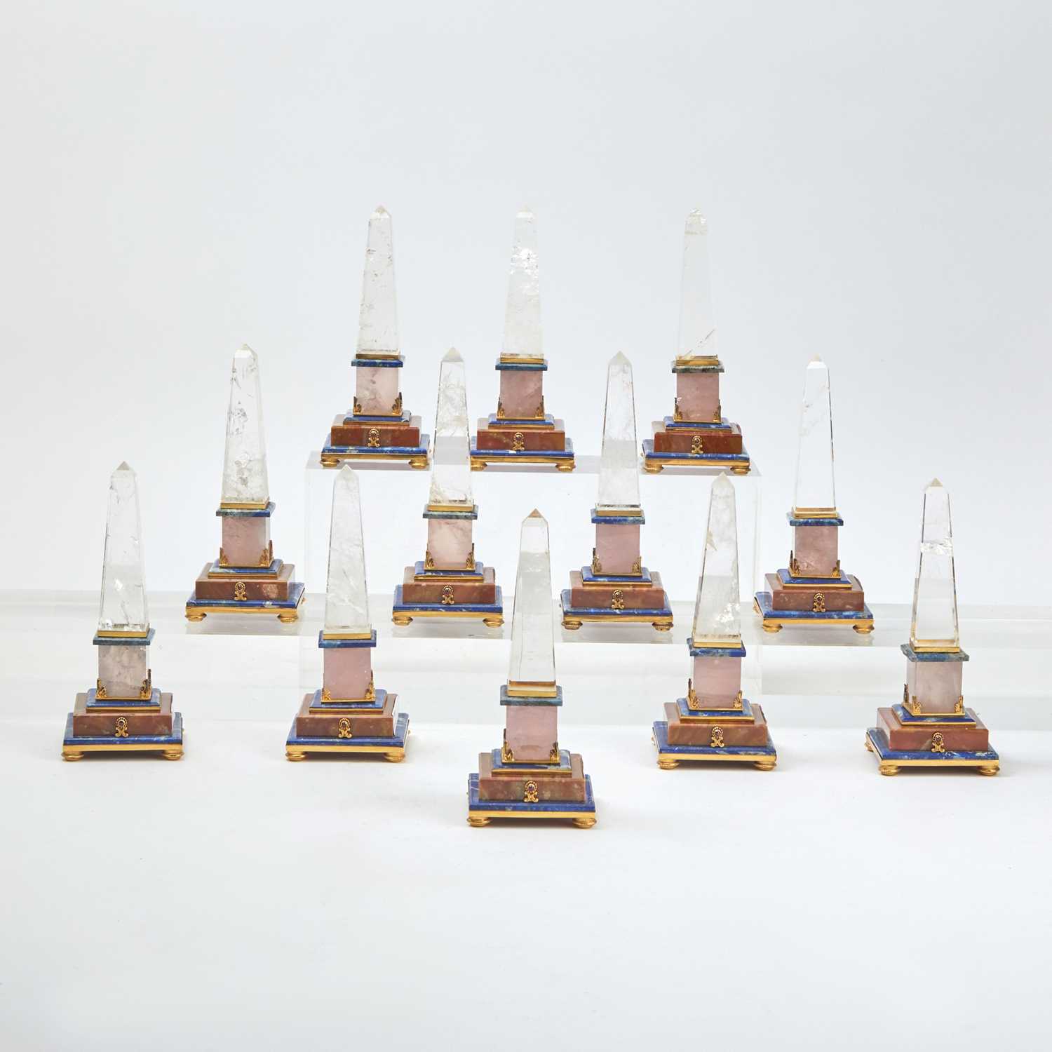 Lot 82 - A Cased Set of Twelve Continental Quartz and Lapis Obelisk Form Place Card Holders