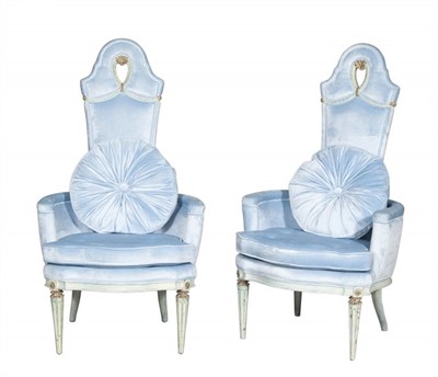 Lot 338 - Pair of Upholstered Painted Wood Tall-Back Hollywood Regency Style Armchairs
