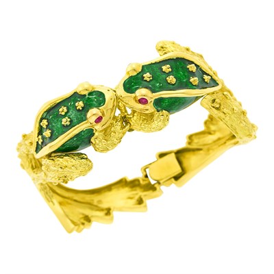 Lot 37 - Boris LeBeau Gold, Green Enamel and Cabochon Ruby Frog Bangle Bracelet