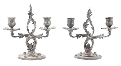 Lot 227 - Pair of Christofle Louis XV Style Silver Plated Two-Light Candelabra