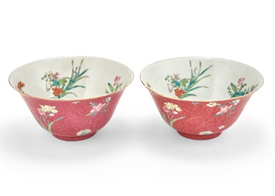 Lot 409 - A Pair of Chinese Ruby Ground Sgraffiato Porcelain Bowls