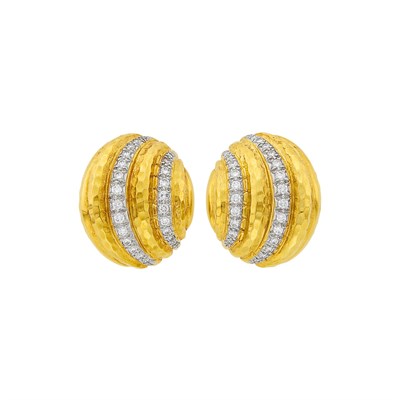 Lot 148 - Andrew Clunn Pair of Hammered Gold, Platinum and Diamond Earclips