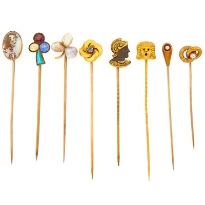 Lot 1175 - Group of Gold, Low Karat Gold and Metal and Gem-Set Stick Pins