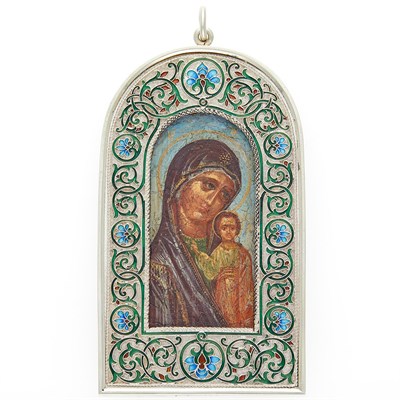 Lot 93 - Russian Silver and Cloisonné Enamel Icon of the Mother of God of Kazan