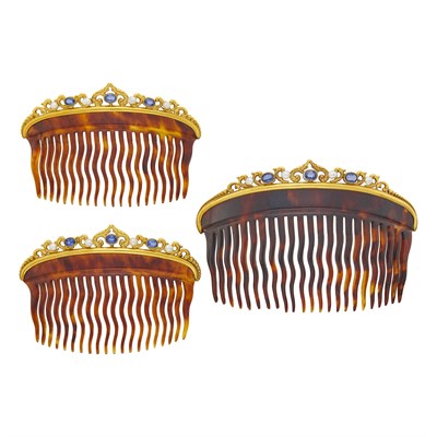 Lot 55 - Three Antique Gold, Sapphire, Freshwater Pearl and Simulated Tortoise Shell Combs
