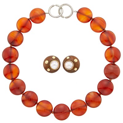 Lot 1045 - Tiffany & Co., Paloma Picasso Carnelian Bead Necklace with Silver Clasp and Tambetti Pair of Wood, Gold and Mabé Pearl Earclips