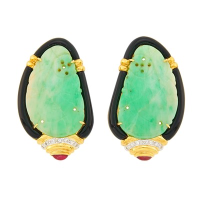 Lot 1110 - Pair of Gold, Carved Jade, Diamond, Cabochon Ruby and Black Onyx Earclips