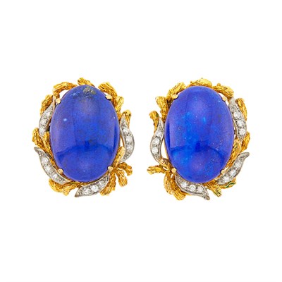 Lot 1208 - Pair of Two-Color Gold, Lapis and Diamond Earrings