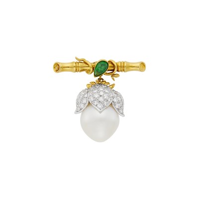 Lot 16 - Two-Color Gold, South Sea Cultured Pearl, Cabochon Emerald and Diamond Pin