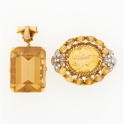 Lot 1181 - Gold, Citrine and Diamond Brooch and Two-Color Gold and Citrine Pendant