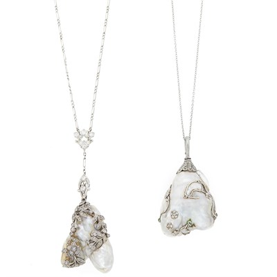 Lot 1170 - Two Baroque Pearl, Platinum and Diamond Pendants with Platinum and White Gold Chains