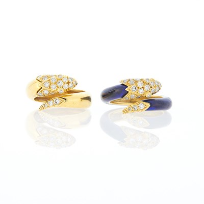 Lot 1003 - Christian Dior Pair of Gold, Blue Enamel and Diamond Serpent Rings