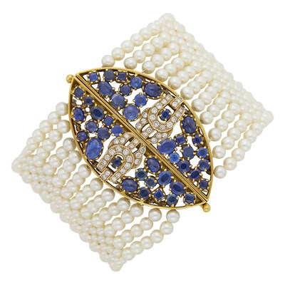 Lot 58 - Wide Cultured Pearl Mesh, Gold, Sapphire and Diamond Bracelet