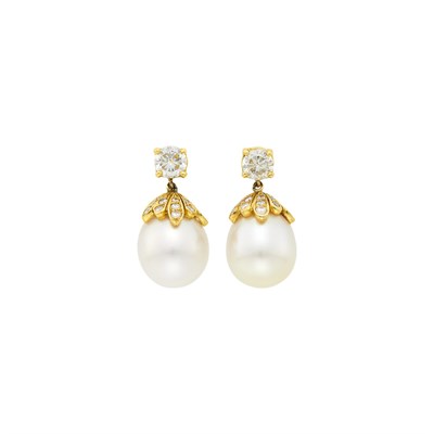 Lot 12 - Pair of Gold, South Sea Cultured Pearl and Diamond Pendant-Earrings