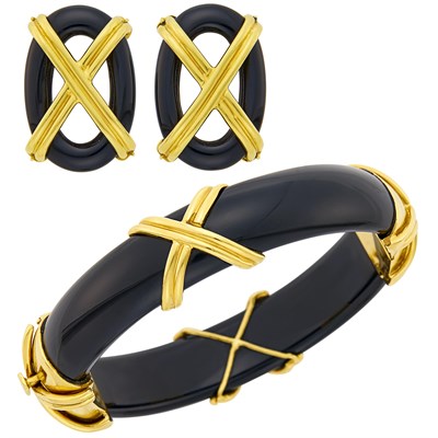 Lot 5 - Emis Gold and Black Onyx Bangle Bracelet and Pair of Earclips