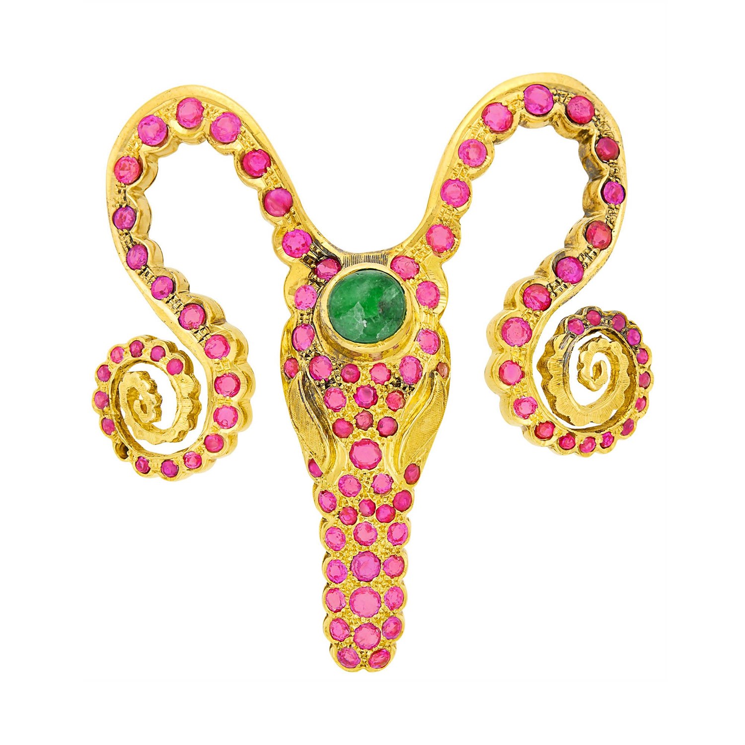 Lot 26 - Ilias Lalaounis, Zolotas Gold, Cabochon Emerald and Ruby Ram's Head Brooch
