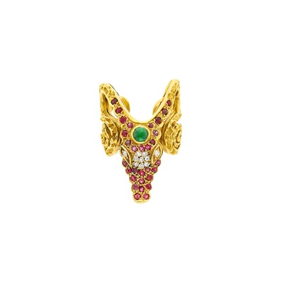 Lot 24 - Ilias Lalaounis, Zolotas Gold, Cabochon Emerald, Ruby and Diamond Ram's Head Ring