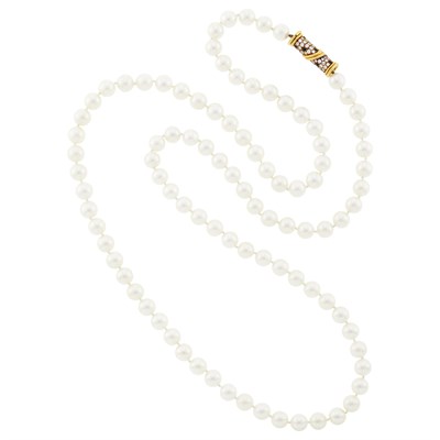 Lot 11 - Cartier Long Cultured Pearl Necklace with Gold, Diamond and Black Onyx Cylinder Clasp