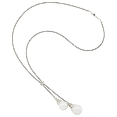 Lot 2082 - White Gold, South Sea Pearl Cultured Pearl and Diamond Lariat Necklace