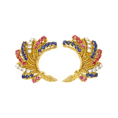 Lot 135 - Pair of Gold, Ruby, Sapphire and Diamond Spray Earclips