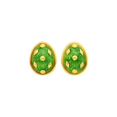 Lot 141 - Tiffany & Co., Schlumberger Pair of Gold and Green Paillonné
Enamel 'Lozenge' Earclips