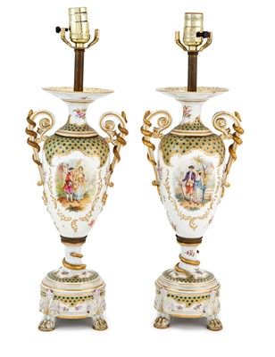 Lot 191 - Pair of Continental Porcelain Two-Handled Lamps