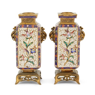 Lot 108 - Pair of Champlevé Enamel and Bronze Vases