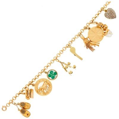 Lot 1249 - Gold, Baroque Freshwater and Split Pearl and Enamel Charm Bracelet