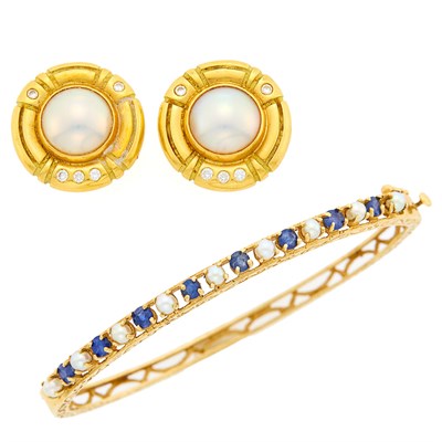 Lot 1226 - Gold, Cultured Pearl and Sapphire Bangle Bracelet and Pair of Mabé Pearl and Diamond Earrings