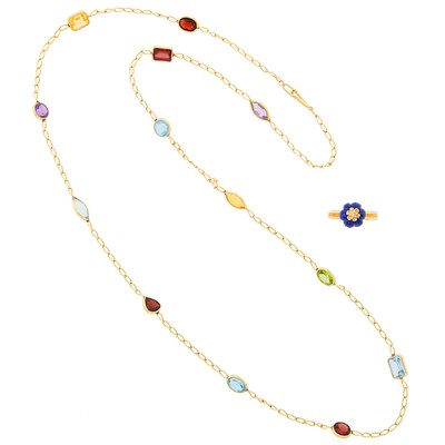 Lot 1008 - Gold and Colored Stone Necklace and Fluted Lapis Ring