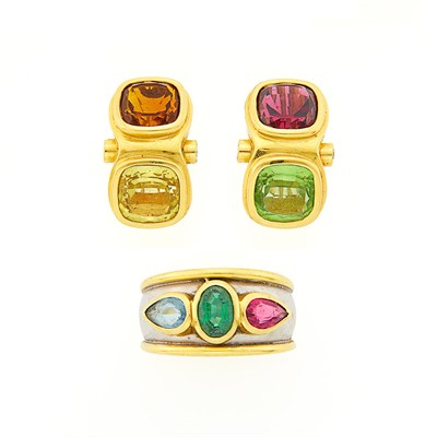 Lot 1124 - Two-Color Gold and Colored Stone Ring and Pair of Earrings