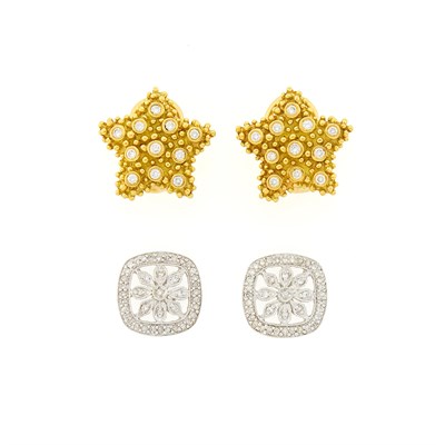 Lot 1088 - Pair of Gold and Diamond Star Earrings and Pair of White Gold and Diamond Earrings