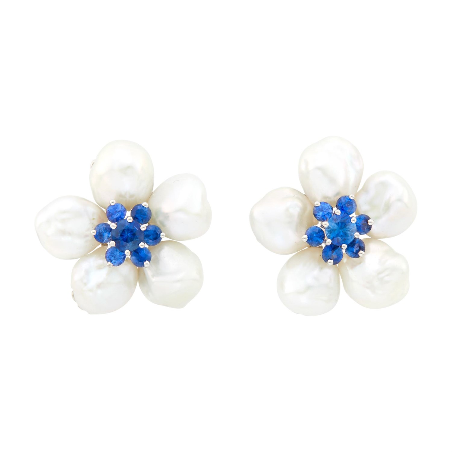 Lot 1146 - Seaman Schepps Pair of White Gold, Baroque Cultured Pearl and Sapphire Flower Earrings