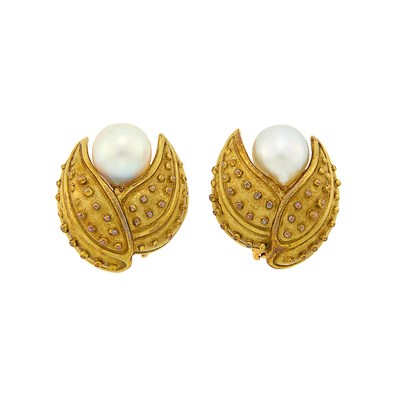 Lot 1028 - Pair of Gold, Semi-Baroque Cultured Pearl and Diamond Earclips