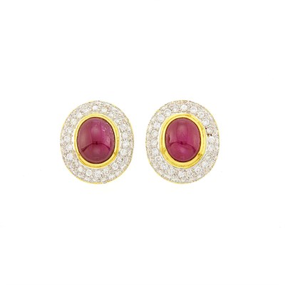 Lot 1115 - Pair of Gold, Cabochon Ruby and Diamond Earclips