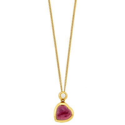 Lot 1066 - M. Stowe Gold, Cabochon Pink Tourmaline and Diamond Heart Pendant with Long Chain Necklace