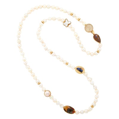 Lot 1040 - Long Gold, Baroque Cultured Pearl and Hardstone Necklace