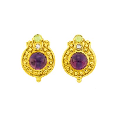 Lot 1054 - Pair of Gold, Cabochon Amethyst and Peridot and Diamond Earclips