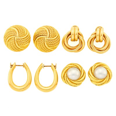 Lot 1257 - Three Pairs of Gold Earclips and Pair of Gold and Mabé Pearl Earclips