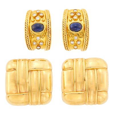 Lot 1210 - Pair of Gold, Cabochon Sapphire and Diamond Earclips and Pair of Earclips